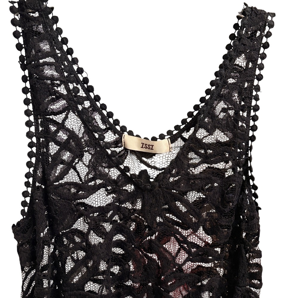 ISSI Lace Tank Top Womens Small Black Gothic Boho Sheer V-Neck Pom Pom Trim - Picture 5 of 13